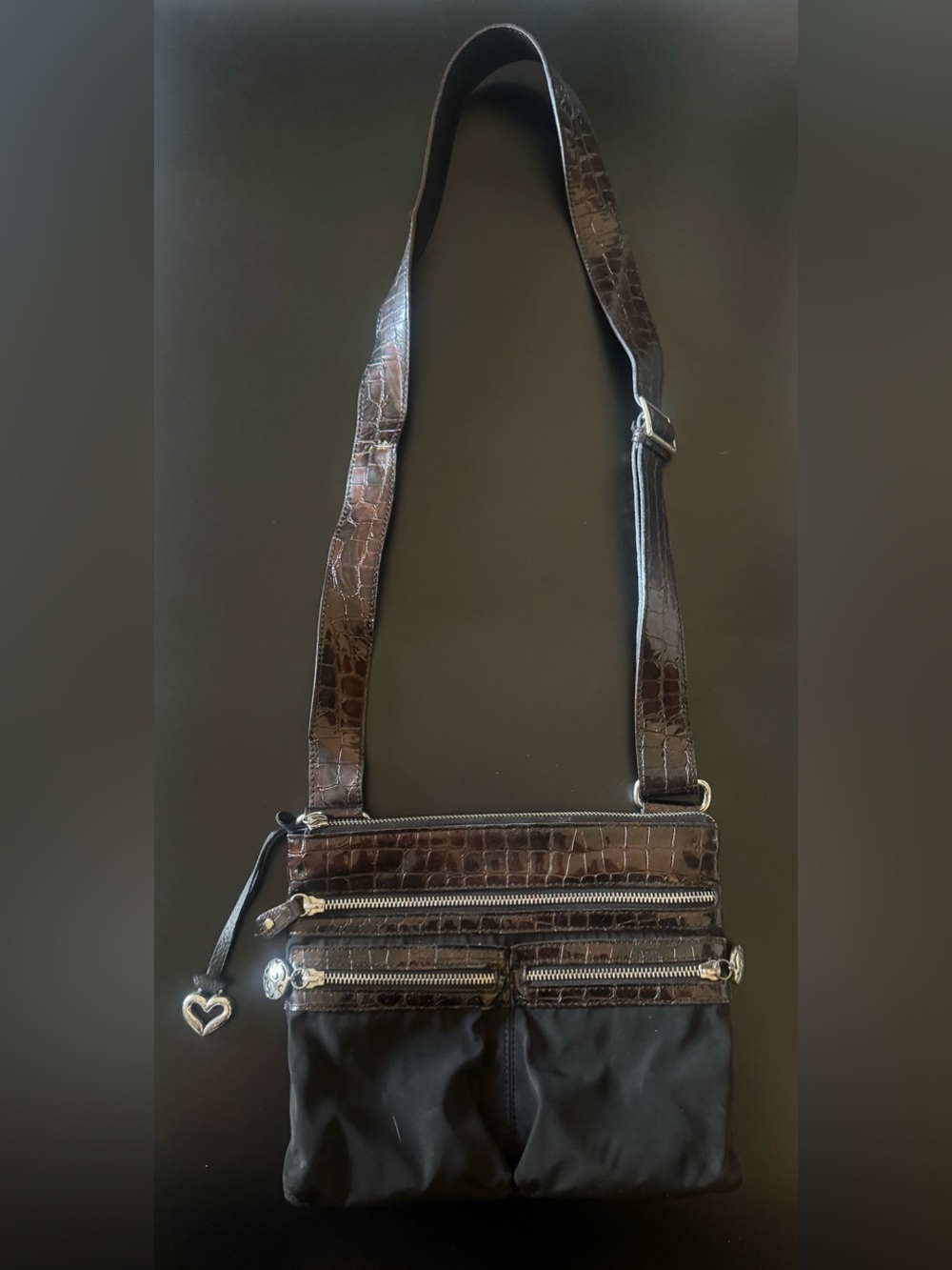 Brighton Dark Brown Croc-Embossed Patent Leather and black nylon Crossbody Bag